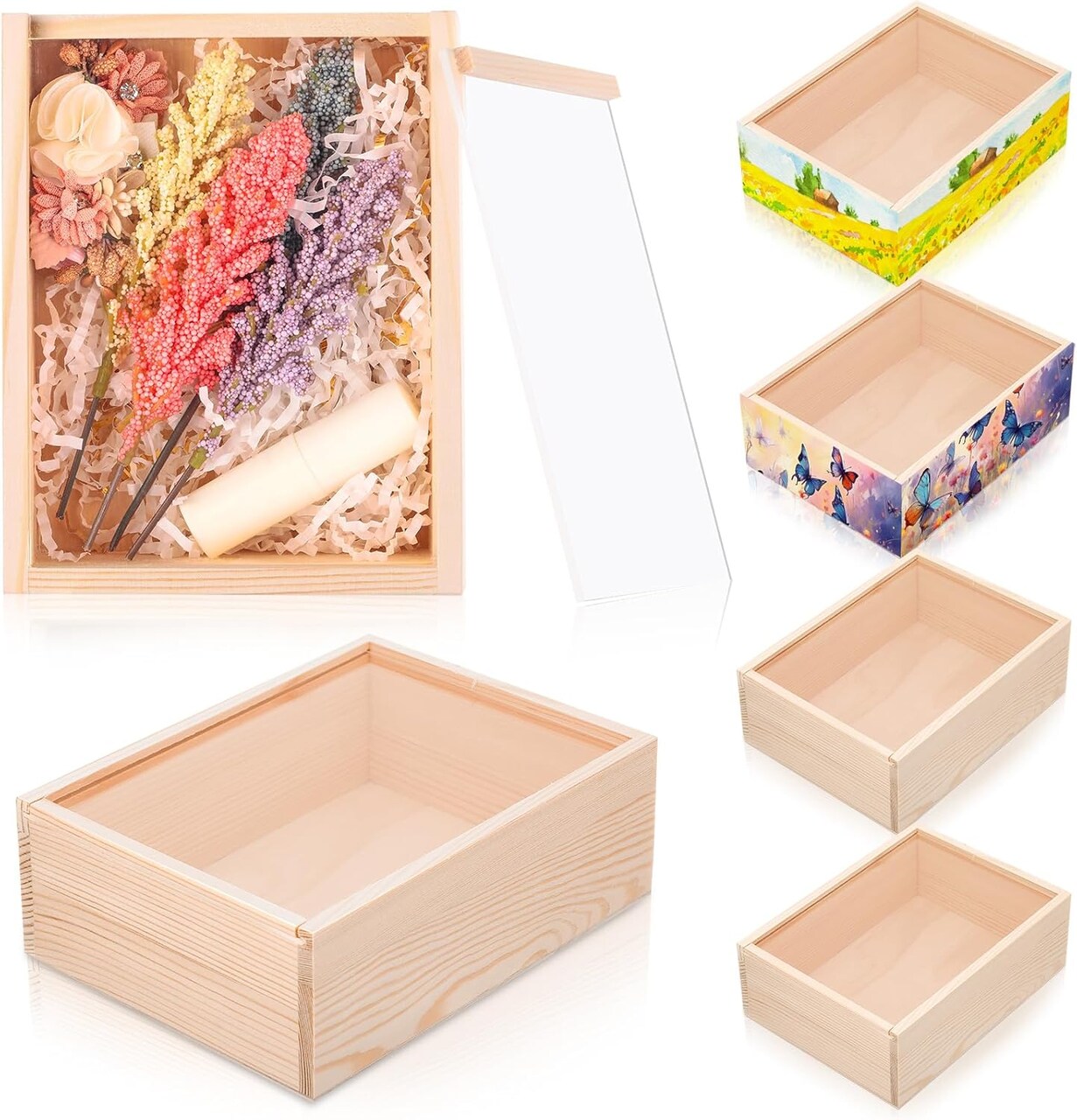 6 Pcs Wood Boxes with Window for Crafts 7.8 x 6 x 2.8 Inch Unfinished Wood Box Small Wooden Storage Boxes Wooden Display Box with Sliding Transparency Lid for DIY Birthday Party Gift Favor